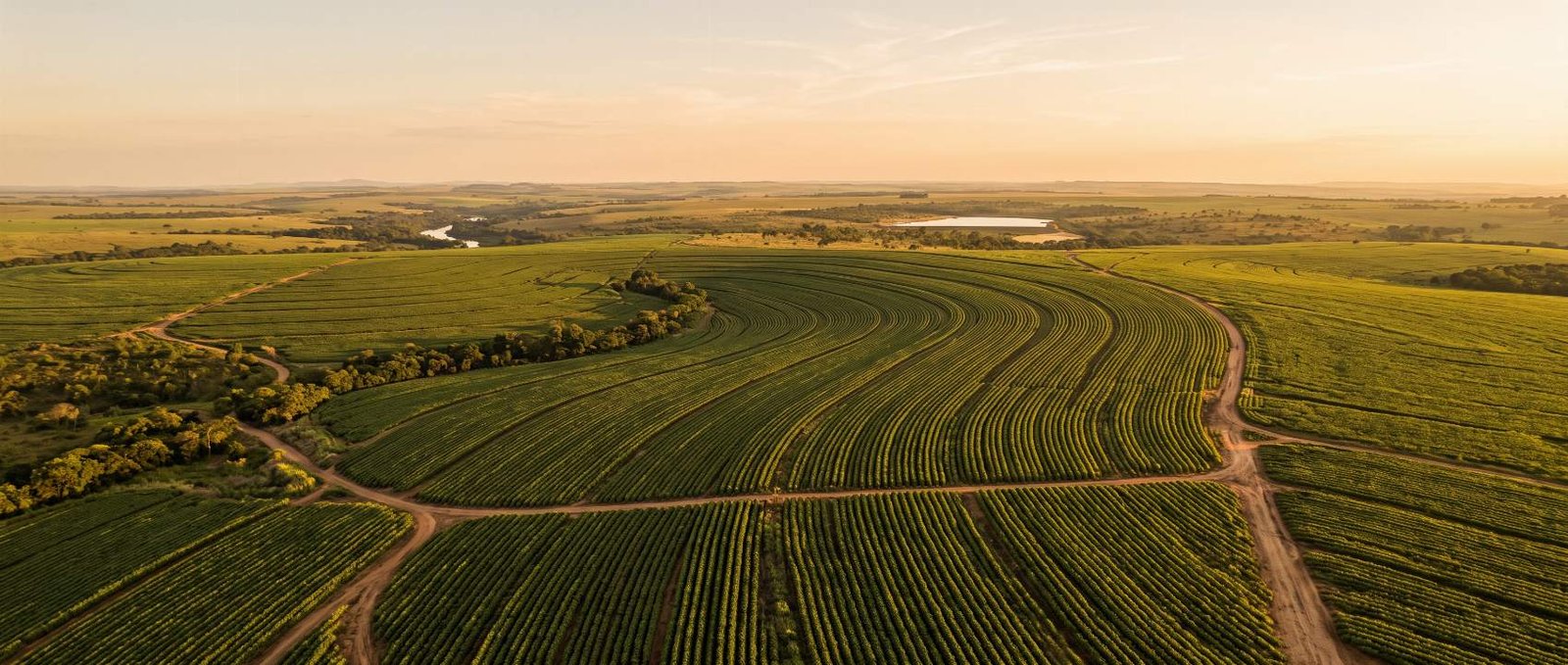 Aerial view of a Brazilian bean and sesame field at dusk, with curved rows and a reservoir in the background