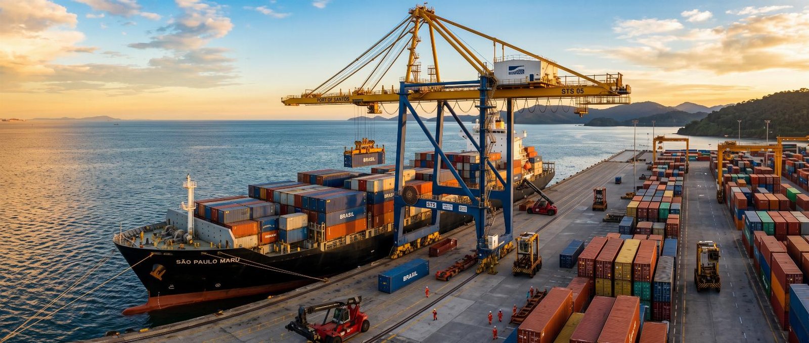 Containers being loaded by a gantry crane onto a ship at the port, at dusk