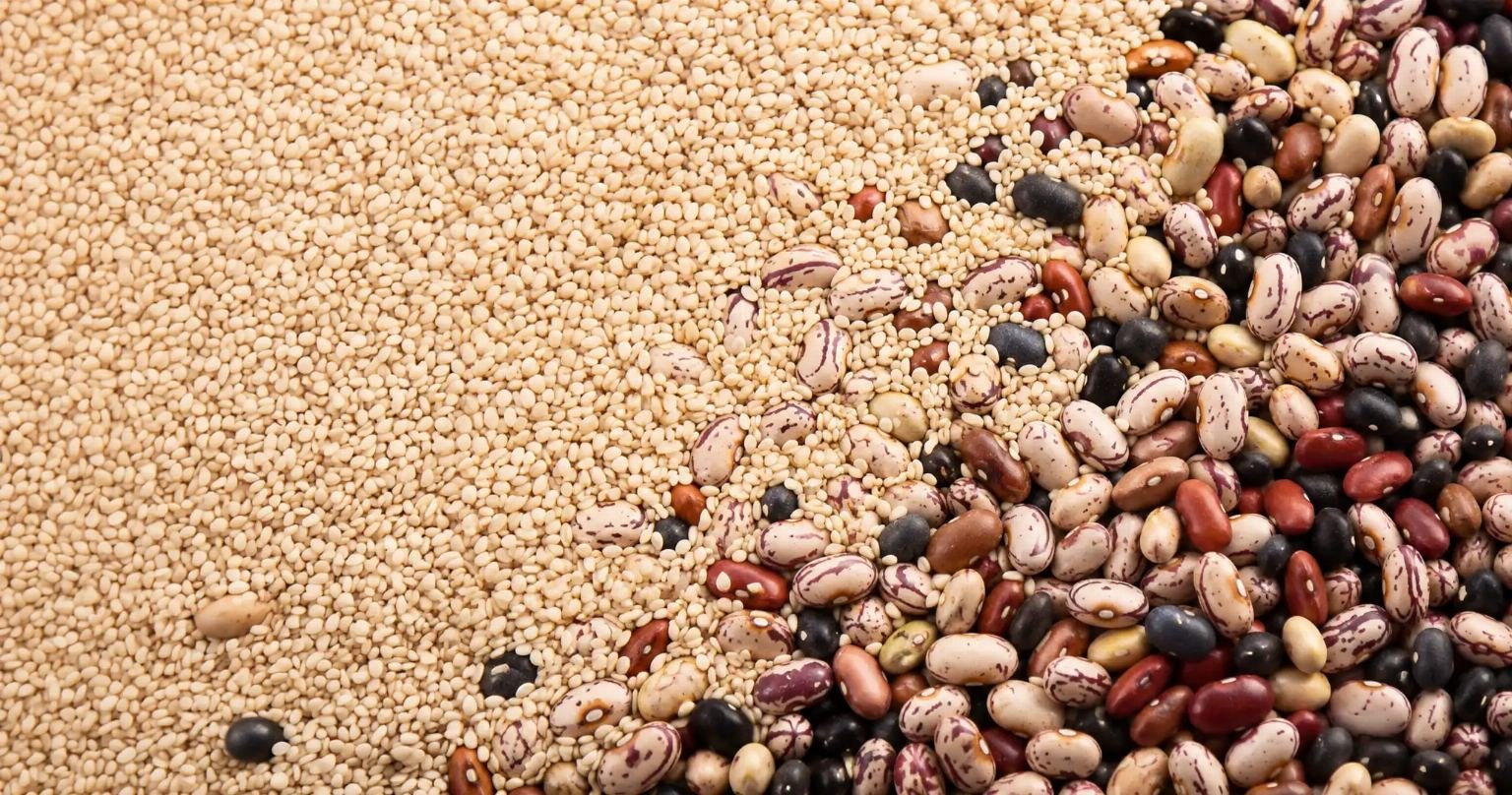Close-up of golden sesame seeds pouring over a smaller pile of beans under warm light