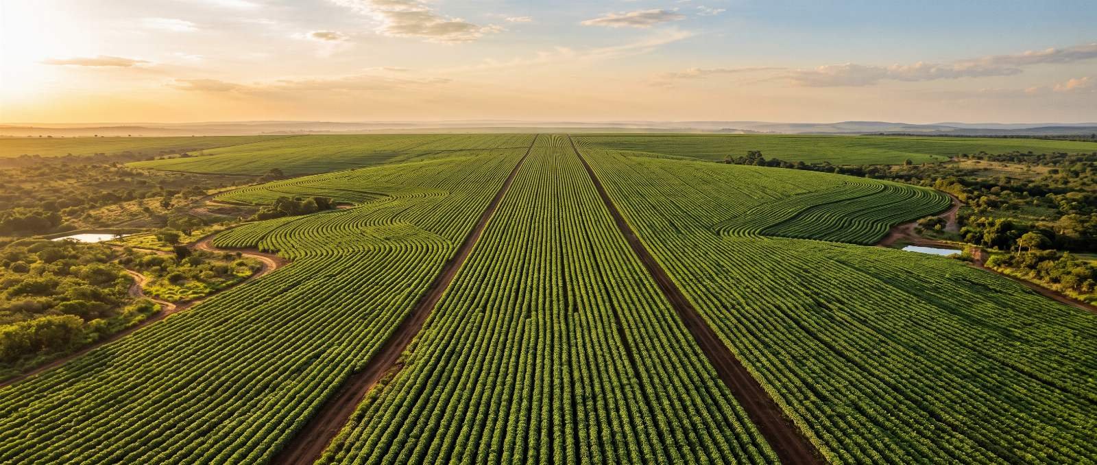 Brazilian bean field at dusk, with rows extending to the horizon